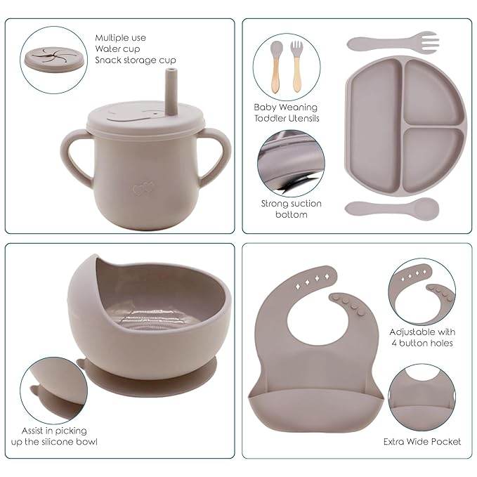 Dormlony 100% Silicone Baby Feeding Set, BPA Free, 9 Pcs: Suction Bowl, Divided Plate, Toddler Self Feeding Dish Set with Spoons, Forks, Sippy Cup, Bib, Beige