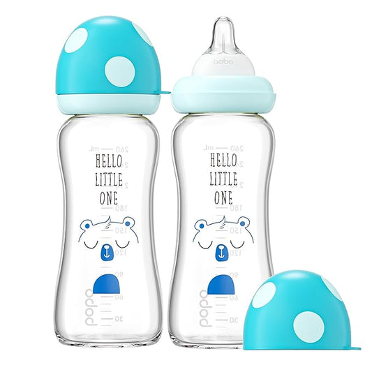 YOHKOH Natural Glass Baby Bottle with Level 2 Medium Flow Nipple, Newborn Anti-Colic Baby Bottles, Wide Neck Mushroom Baby Glass Bottle (8.8ounce (Pack of 2), Blue1)