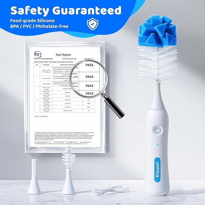Klarpul Electric Bottle Brush Cleaner, IPX7 Waterproof Baby Bottle Brush with Replaceable Nipple Cleaning Kit & Extender Rod, 2 Speed Modes, 360° Auto Cleaning, 2000mAh Battery, Rechargeable, Blue
