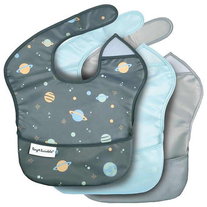 Tiny Twinkle Mess-Proof Baby Bibs for Eating | Waterproof, Wipeable Toddler Bibs with Catch-All Pocket | Feeding Bibs for Girls & Boys(3 Pack, Space)