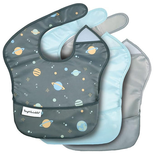 Tiny Twinkle Mess-Proof Baby Bibs for Eating | Waterproof, Wipeable Toddler Bibs with Catch-All Pocket | Feeding Bibs for Girls & Boys(3 Pack, Space)