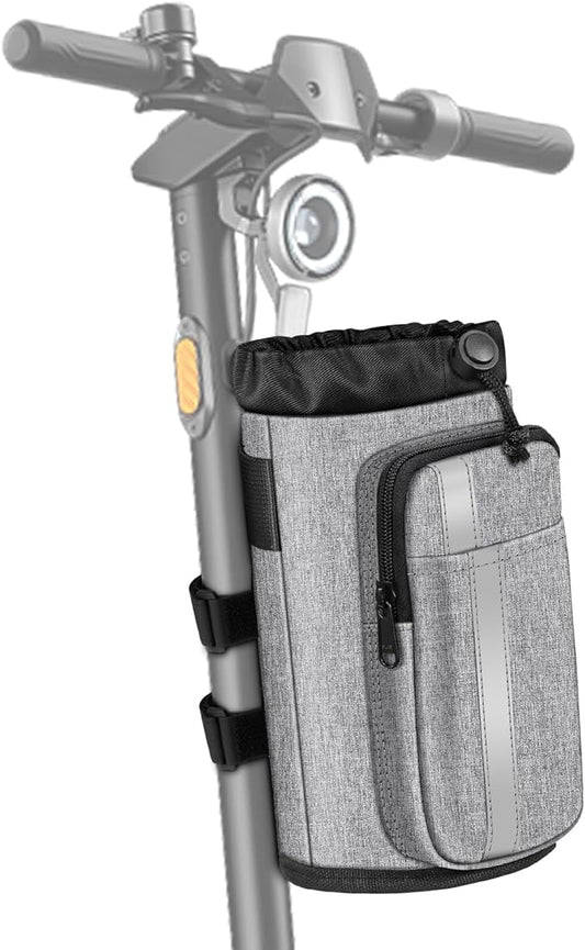 FINPAC Cup Holder for Bike, Universal Water Bottle Holder with Phone Pockets for Stroller Walker Golf Cart Rollator and Scooter, Outdoor, Biking - Gray