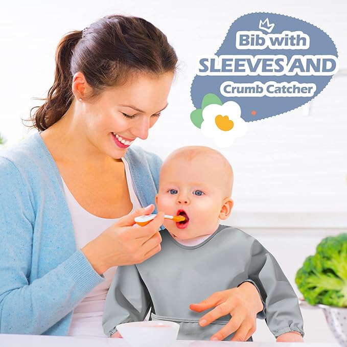 JaGely 4 Pack Long Sleeve Bibs Baby Smock Waterproof Sleeved Bids with Food Catcher for Baby Eating Feeding Ages 6-36 Months