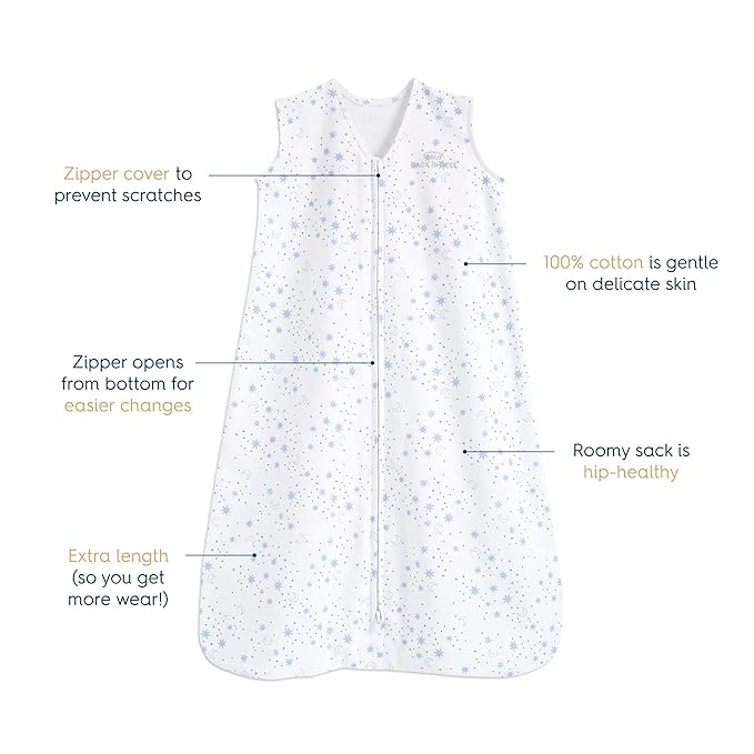HALO SleepSack, 100% Cotton Wearable Blanket, Swaddle Transition Sleeping Bag, TOG 0.5, Twinkle Blue, Medium, 6-12 Months