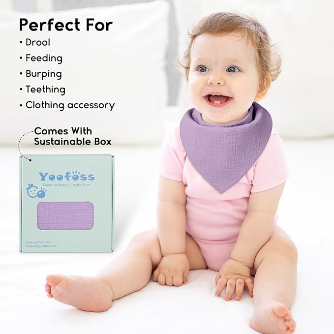 Yoofoss Muslin Baby Bibs 10 Pack 100% Organic Cotton 6-Layer Soft Absorbent Drool Bandana Baby Bibs for Drooling and Teething for Boys and Girls, Gradient Purple