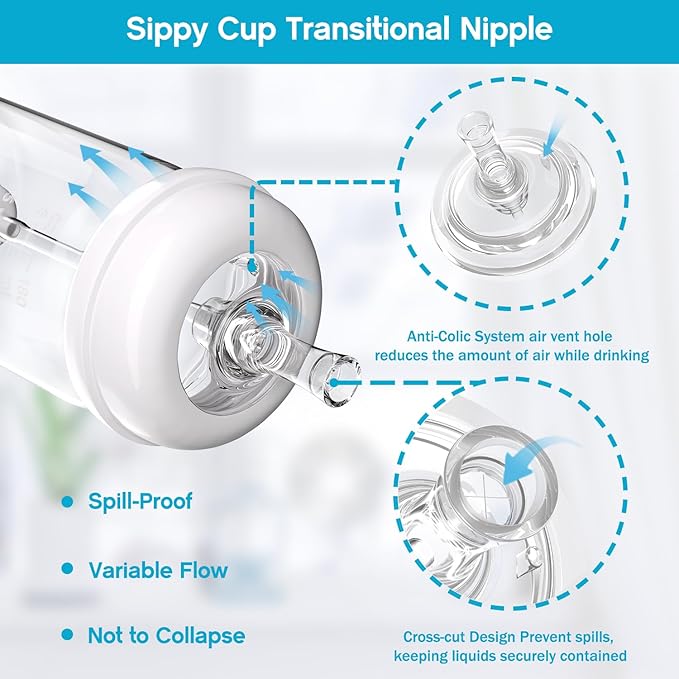Sippy Straw Nipple for Dr. Brown's Wide-Neck Baby Bottles & Sippy Spout Bottles,Leak-Proof Replacement Silicone Bottle Nipple BPA-Free, 8m+, 2 Count