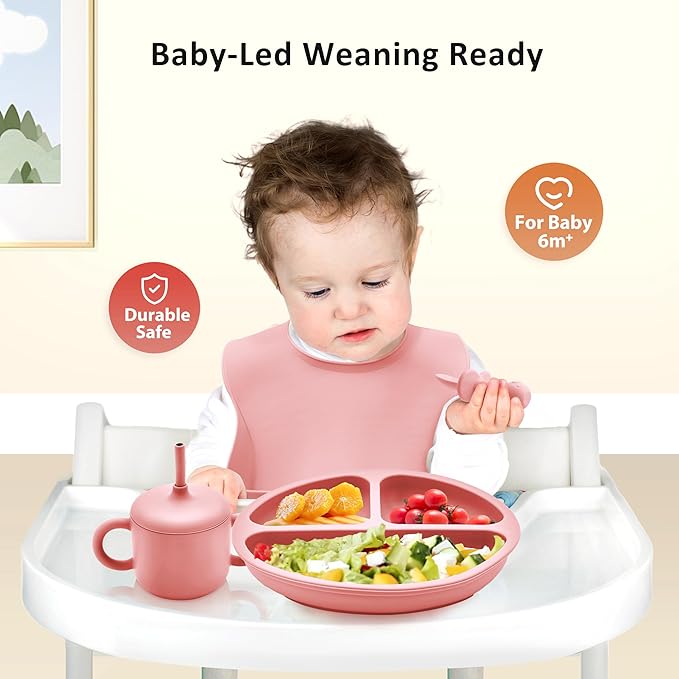 Bufims Silicone Baby Feeding Set, Baby Led Weaning Supplies, Eating Essentials Utensils with Suction Plate and Bowl, Pocket Bib, Sippy Cup with Lid, Forks Spoons Snack Container, for 6+ Months, Pink