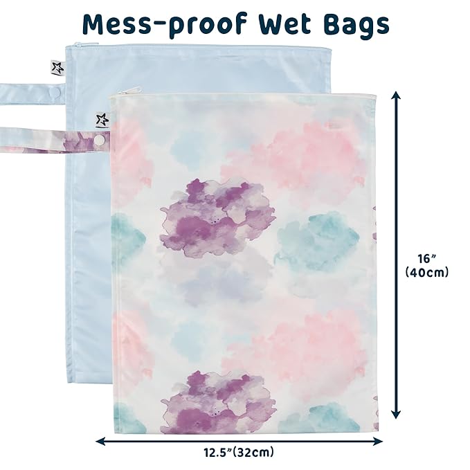 Tiny Twinkle Mess Proof Wet Bags | 2-Pack Reusable Waterproof Wet Bags for Swimsuits | Baby Clothes | Travel & Diaper Bag (Cotton Candy)