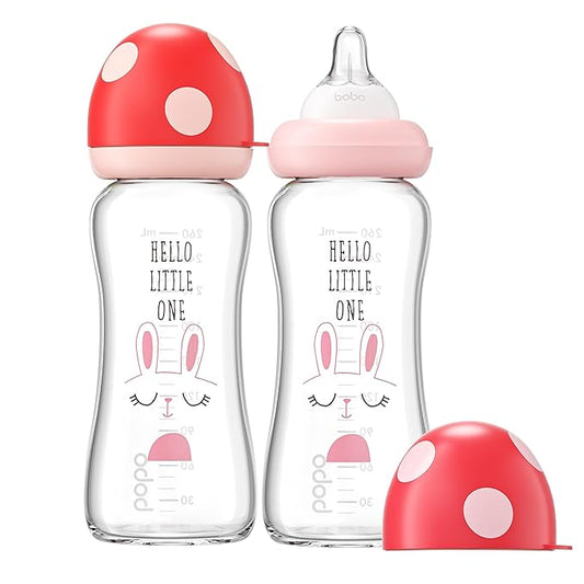 YOHKOH Natural Glass Baby Bottle with Level 2 Medium Flow Nipple, Newborn Anti-Colic Baby Bottles, Wide Neck Mushroom Baby Glass Bottle (8.8ounce (Pack of 2), Red1)
