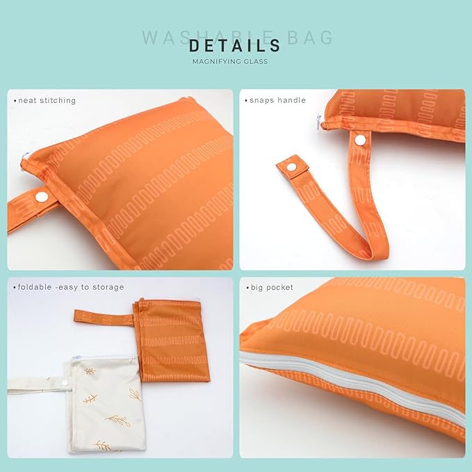 Wet Dry Bag 2pcs Waterproof Reusable Wet Bag for Swimsuits, Baby Cloth Diaper, Travel, Beach, Pool, Bathing Suit, Gym Wet Clothes (Orange Leaf)