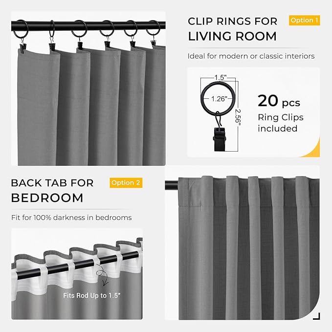 INOVADAY 100% Blackout Curtains for Bedroom, Black Out Curtains 108 Inch Long, Clip Rings Linen Blackout Drapes, Thermal Insulated Room Darkening for Living Room, 2 Panels - Stoic Gray,W50xL108