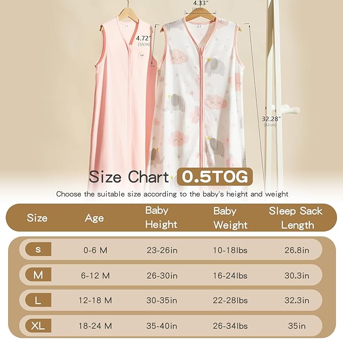 TILLYOU 2 Pack Baby Sleep Sack 12-18 Months 100% Cotton Wearable Blanket 0.5 TOG Sleeveless Summer Sleep Sacks with 2-Way Zipper, Pink Elephant & Cloud