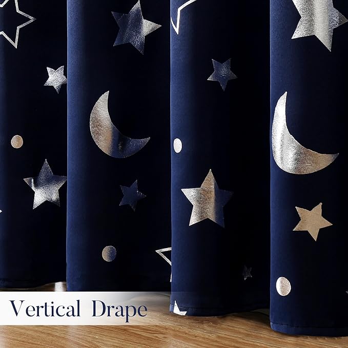 WUBODTI Navy Blue Kids 100% Blackout Curtains for Boys Bedroom 72 Inches Long 2 Panels, Cute Star Patterned Thermal Insulated Nursery Curtain Grommets Room Darkening Space Curtain Drapes for Baby