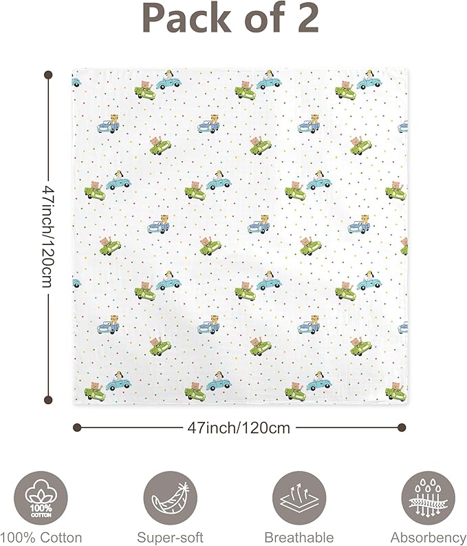 2-Pack 100% Cotton Muslin Swaddle Blankets, Large 47 x 47 Inches — Breathable Soft Receiving Blankets for Newborns, Swaddling Wraps, Baby Essentials, Registry Gift (Little Car Duo)