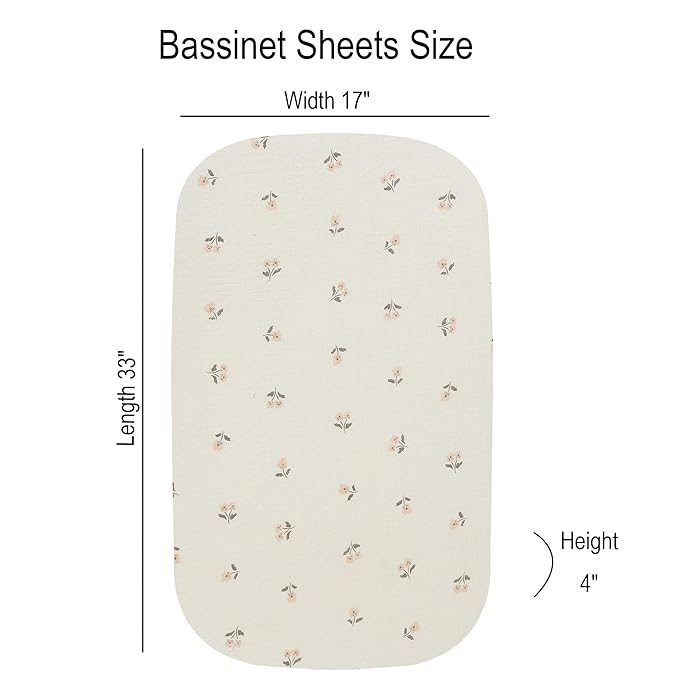 Onacosht Muslin Bassinet Sheets 3 Pack, 100% Cotton Baby Fitted Sheet 33" X 17" for Rectangle, Round, Oval, Hourglass Mattress, Pink and Floral