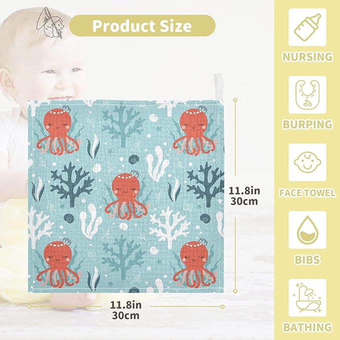 vvfelixl Baby Muslin Washcloths Octopus Swimming Underwater Baby Burp Cloths Cotton Baby Face Towel for Newborn Infants Boys Girls Soft and Absorbent 11.8 X 11.8 in, 3 Pack