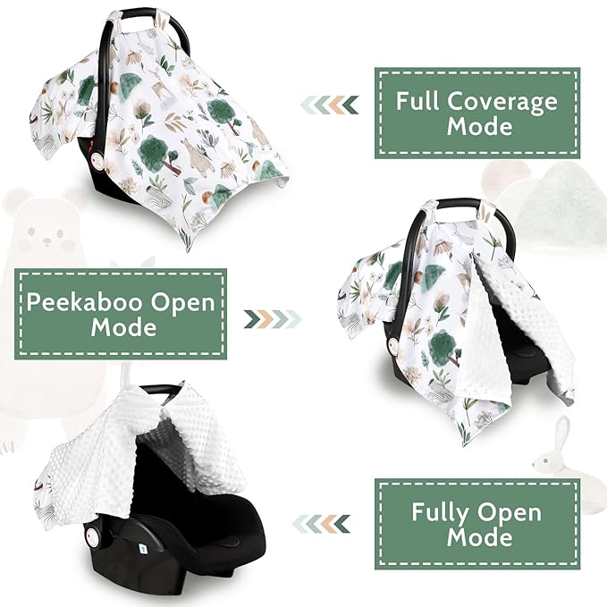 Minky Car Seat Cover for Baby Girl & Boys, Car Seat Canopy with Peep Window, Multiuse Carseat Covers Protecting Baby from Wind, Sun, Strangers, Woodland Animal