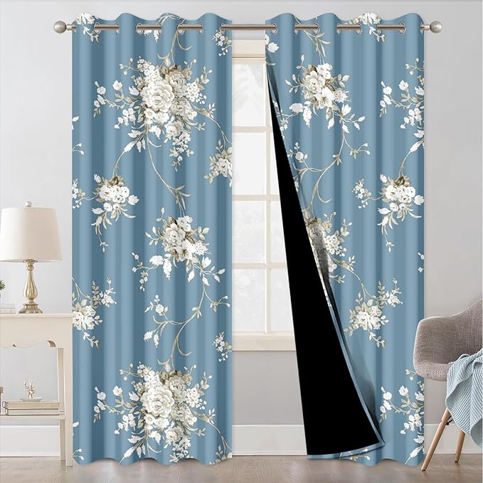 Blackout Curtains for Bedroom 84 Inch Long 2 Panels Set, Haze Blue Floral Grommet Winter Black Out Curtains for Living Room, Room Darkening Thermal Insulated Soundproof Window Drapes, Maintain Privacy
