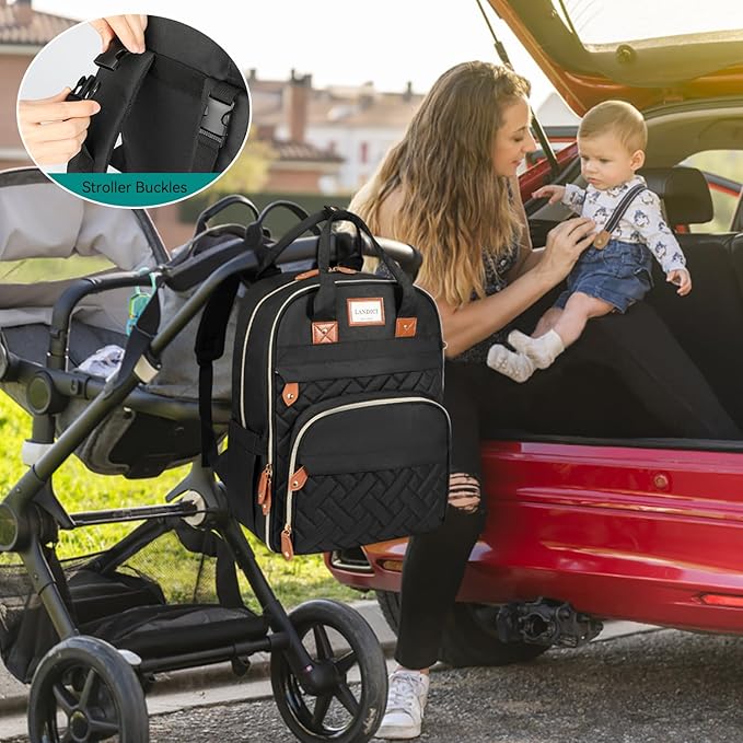 LANDICI Diaper Bag Backpack, Multifunction Baby Diaper Bags with Changing Pad, Stroller Straps & Pacifier Case, Travel Essentials Back Pack for Mom Dad Boy Girl, Large Capacity, Waterproof, Black