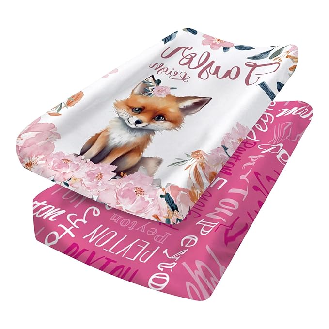 Custom Changing Pad Cover Set - Jersey Knit Ultra Soft Unisex Waterproof Diaper Changing Table Covers with Personalized Name for Baby Boys Girls - Comfy Cozy 2 Pcs Set Style17