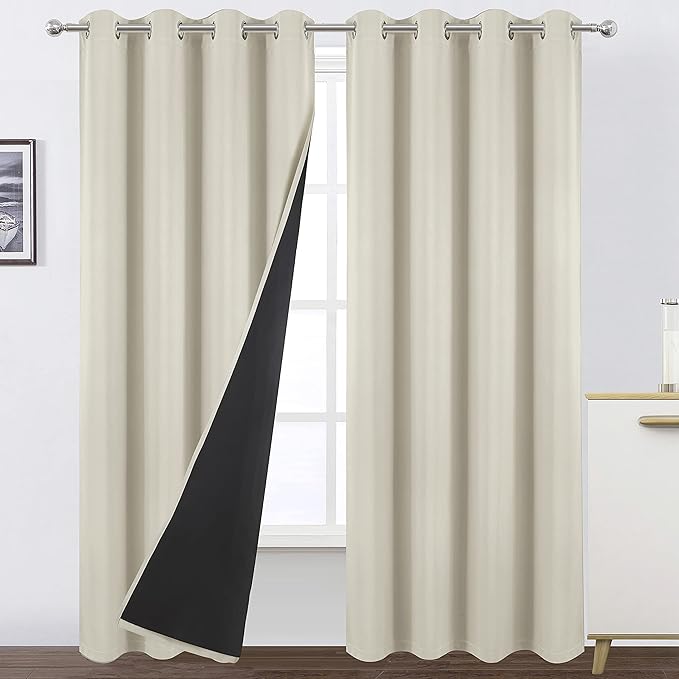 LEMOMO 100% Blackout Curtains with Black Liner/Light Beige Curtains 52 x 84 Inch/Set of 2 Panels Thermal Insulated Room Darkening Curtains for Bedroom