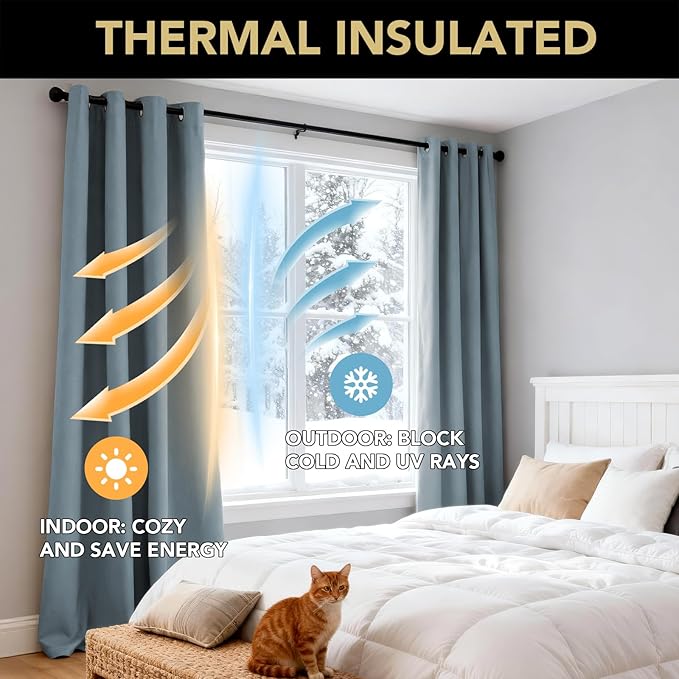 PrinceDeco 100% Blackout Curtains for Bedroom 108 Inches Length 2 Panels Set, Grommet Living Room Drapes, Thermal Insulated Blackout Curtains,Jacquard-Woven,55" W x108 L, Stone Blue