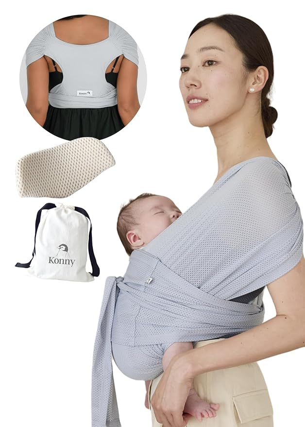 Konny Baby Carrier Flex AirMesh with Head Support - Adjustable, Easy to Wear, Hands-Free Breathable Baby Wrap Sling, Perfect for Newborn Babies Essentials up to 44 lbs (XS-XL) -Pale Blue