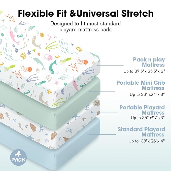 Little Grape Land Mini Crib Sheets 4 Pack, Pack n Play Sheets Fitted 38 x 26 for Boys and Girls, Pack and Play Sheets Compatible with Graco Pack n Play Playard, Pastel Meadow