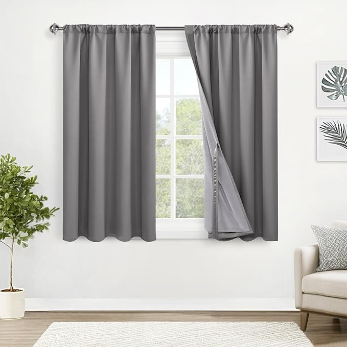 XWZO Complete Blackout Window Curtain Panels with Tiebacks- Rod Pocket & Back Tab Noise Reduction and Light Blocking Curtains with Black Liner for Studio/Basement, Grey, W52 x L54, Set of 2
