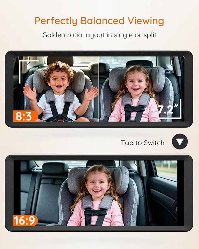 BM5 MAX 1080P HD Dual Baby Car Camera with Recording, 7.2” Split Screen Monitor for 2 Kids, Dual Car Camera Baby Monitor with Auto Night Vision, Easy Installation Carseat Camera for Baby
