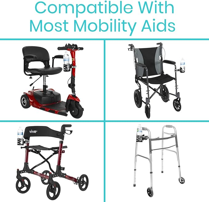 Vive Cup Holder for Walker, Wheelchair, Accessories, Stroller, Adults, Bike, Boat, Desk, Mobility Scooter, Rollator, Electric Wheel Chair - Portable Adjustable Cupholder Attachment, Near Universal Fit