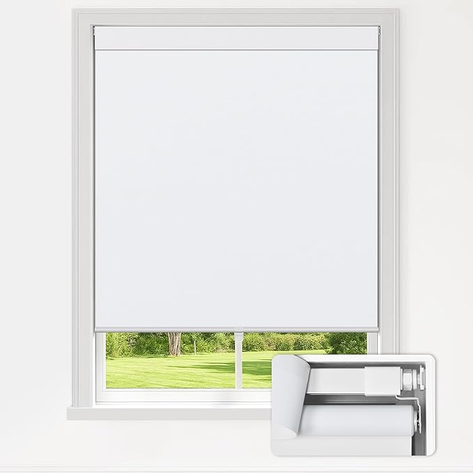 LazBlinds No Drill Blinds for Indoor Windows, Blackout Roller Shades, Cordless Window Blackout Blinds, Thermal Insulated Fabric UV Protection for Home and Office, 30" W x 48" H, White