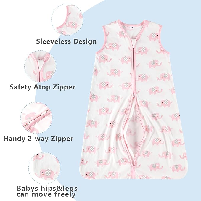 TILLYOU 2 Pack Baby Sleep Sack 18-24 Months 100% Cotton Wearable Blanket 0.5 TOG Sleeveless Summer Sleep Sacks with 2-Way Zipper, Pink Elephant