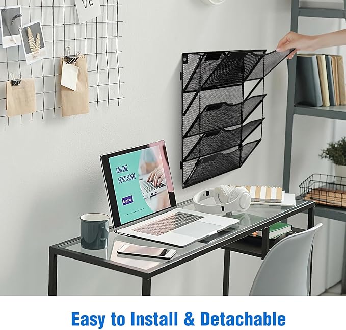 Wall File Organizer 5 Pockets, Mail Organizer, Hanging Folder Holder, Foldable | Hanging or Wall Mounted | Label Panel | 2 Hooks | Office Home School Organizer, Black