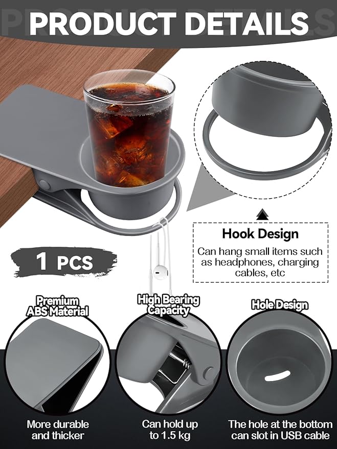 1PCS Drinking Cup Holder, Kalolary Desk Bottle Cup Stand DIY Glass Clamp Storage Saucer Clip Water Coffee Mug Holder Saucer Clip Design for Home & Office, Grey
