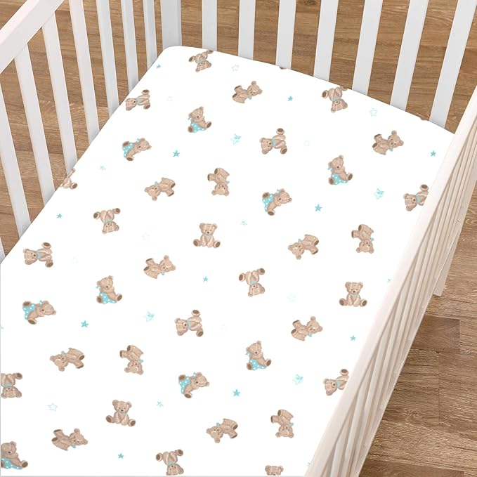 American Baby Company 2 Pack 100% Natural Cotton Fitted Mini Crib Sheets 38" x 24" - Soft & Breathable Small Nesting Portable Sheets, Fits Pack N Play Mattresses, Bear and White, for Boys & Girls
