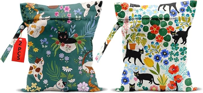 2Pcs Cat Wet Bags 12x10 Inch, Colorful Flowers Waterproof Travel Laundry Bags, Floral Reusable Wet Dry Bag for Swimsuit Pool Beach Diapers Dirty Yoga Gym Clothes, Cat Gifts for Women Friend Travelers