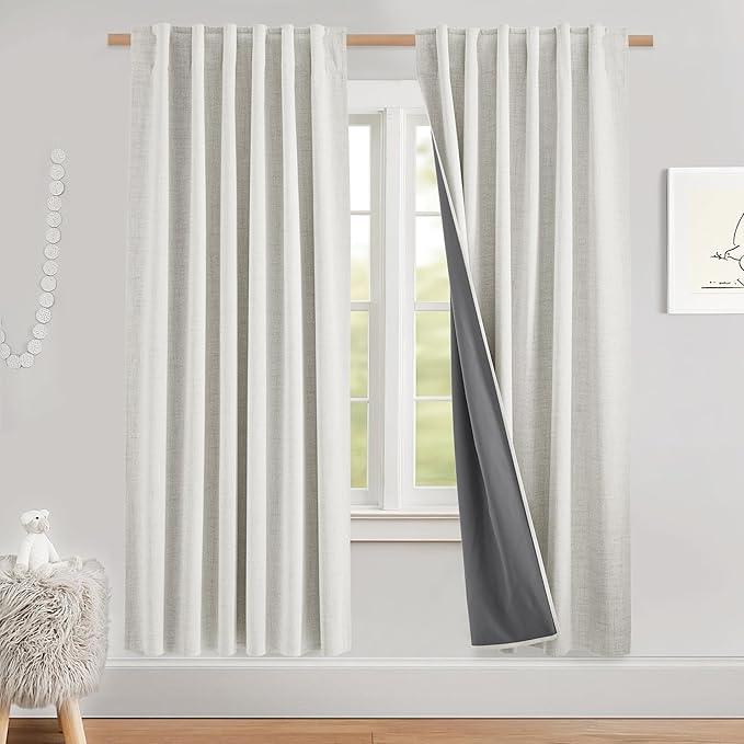 NICETOWN 100% Blackout Linen Curtains 72 inches Long 2 Panels, Thermal Insulated Curtains with Liners for Bedroom, Farmhouse Style Privacy Window Draperies for Living Room, Snowbound, W52 per Panel