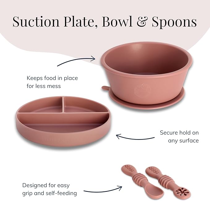 Little Loon Baby Feeding Essentials: Baby Led Weaning Supplies with Baby Plates, Silicone Bibs, Baby Spoons, Sippy Cups, Toddler Plates and Bowls Set - Baby Essentials - Baby Shower Gifts (Rose)