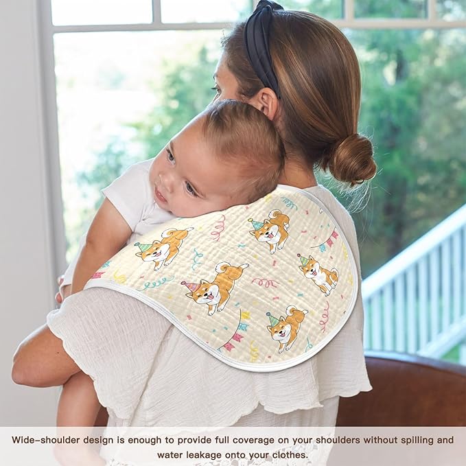 Qinllo 1 Pack Muslin Burp Cloths Shiba Dogs Party Beige Cotton Baby Burp Cloths Soft Burping Cloth Absorbent Spit Up Rags for Newborn Babies 22x11 Inch