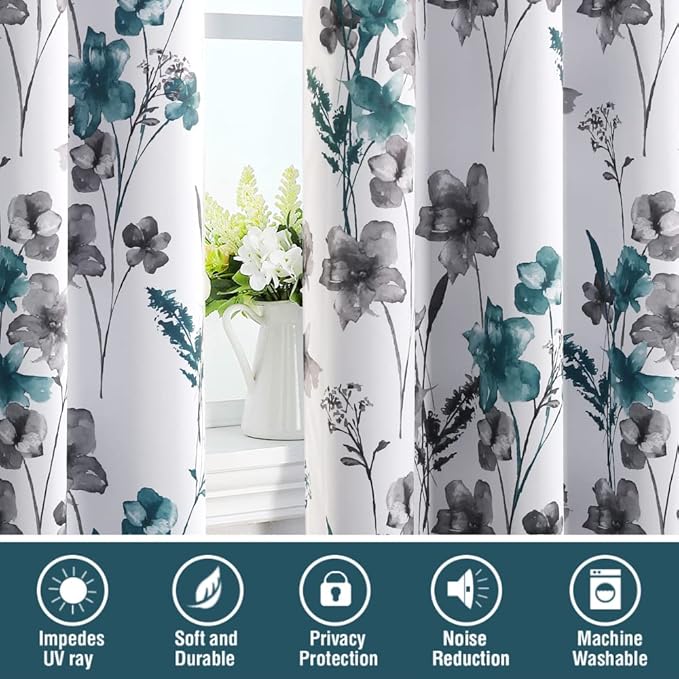 H.VERSAILTEX 100% Blackout Curtains 108 inch Length 2 Panels Set Cattleya Floral Printed Drapes Leah Floral Thermal Curtains for Bedroom with Black Liner Sound Proof Curtains, Grey and Teal