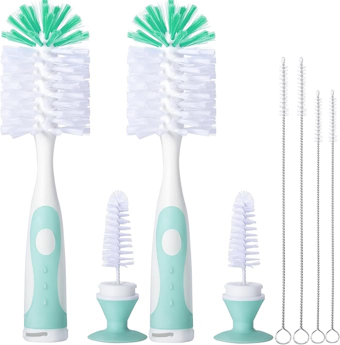 CAREBABYMORE 2 Pack Baby Bottle Brush with 4 Pack Straw Brushes, 10.2" Nylon Brushe with Nipple Cleaner and Stand Suction Cup, Green