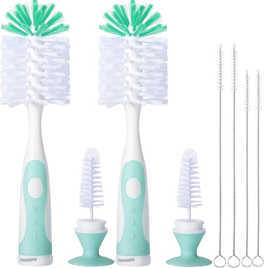 CAREBABYMORE 2 Pack Baby Bottle Brush with 4 Pack Straw Brushes, 10.2" Nylon Brushe with Nipple Cleaner and Stand Suction Cup, Green