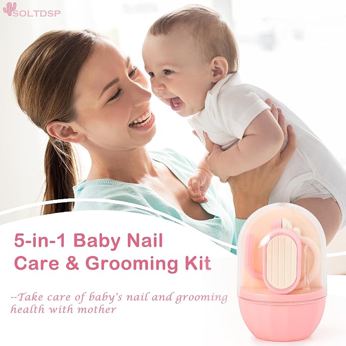 5-in-1 Baby Nail Kit with Storage Case, Cactus Theme Design Including Baby Nail Clippers, Nail Scissors, Nail File, Tweezers & Nose Picker, Newborn Essentials Must Haves for Baby Shower(Pink)