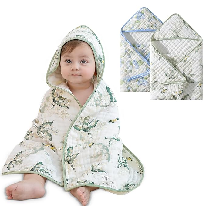 Muslin Hooded Baby Towels 2 Pack, Ultra Soft & Absorbent Baby Bath Towels, Bath & Beach Essentials, Shower Gifts for Newborns, Babies, Infant, Toddler - 32x32 Inch (Floral & Blueberry)