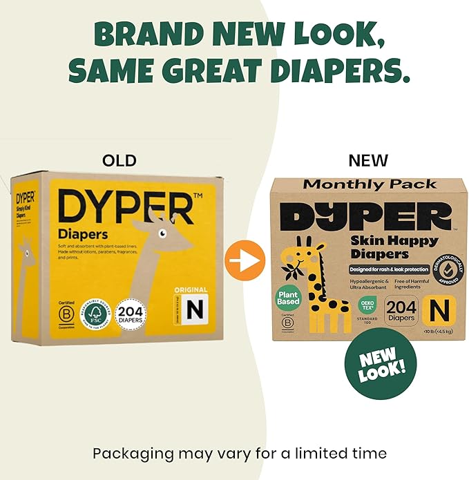DYPER Monthly Pack Newborn Baby Diaper <10 lbs 204 Count - Leak-Proof & Plant Based, Hypoallergenic and Ultra Absorbent Newborn Diapers for Day and Overnight Skin Protection (Packaging May Vary)