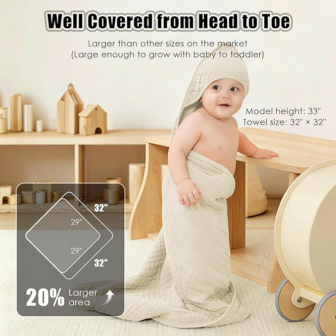 Sunny zzzZZ Muslin Hooded Baby Bath Towels - 3 Pack 100% Cotton Soft Low-Saturation Pastel Towels Including Classic White for Newborns, Infants, Toddlers - 32x32 Inch - Ivory, Brown and White