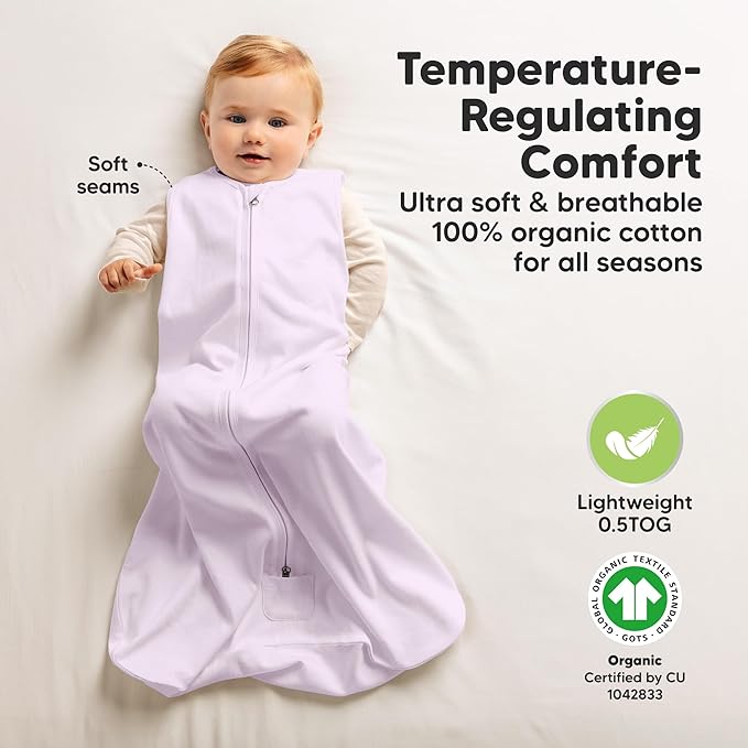 2-Pack Baby Sleep Sacks, Zipper Wearable Blanket - 0.5TOG Organic Cotton, Lightweight, Soft Cozy Infant Sleeping Sack 3-6 months, Easy to Wear Small Newborn Transition Swaddles Sleepsacks (Lilac)
