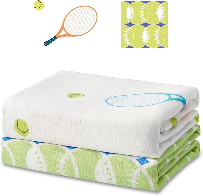 70% Rayon Made from Bamboo 30% Cotton Muslin Swaddle Blanket, 47 x 47 Inches, Tennis Print Baby Receiving Blanket, Soft and Breathable, Unisex, 2 Pack