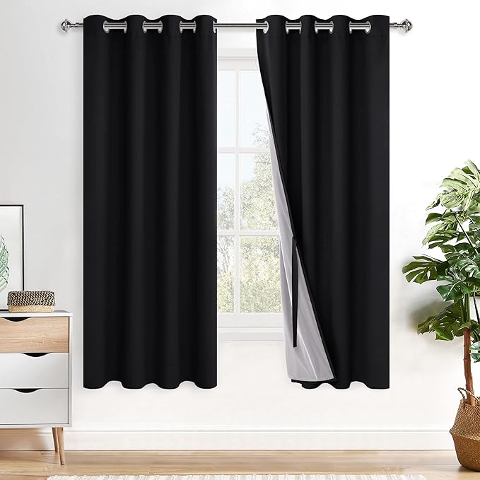 XWZO 100% Blackout Curtains 63 Inches Long with Tiebacks - Heat and Full Light Blocking Thermal Insulated Window Panels with Grommets for Bedroom/Office, Black, W52 x L63, Set of 2